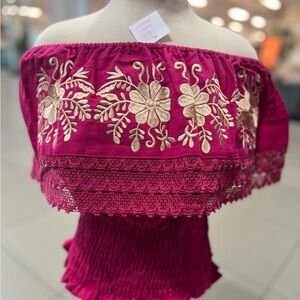 Chic Fuchsia Off-Shoulder Blouse with Floral Embroidery